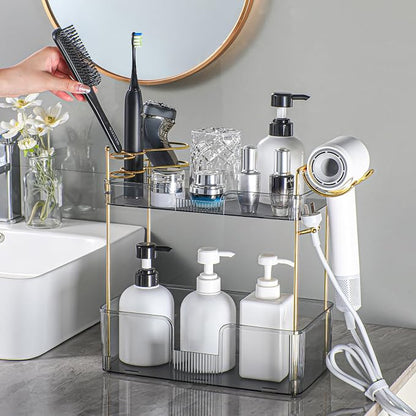 shuang qing 2 Tier Bathroom Counter Organizer with Hair Dryer Holder, Hair Tool Countertop Storage, Cosmetics Skincare Shelf, Makeup Organizer Perfume for Dresser Vanity Tray - Grey
