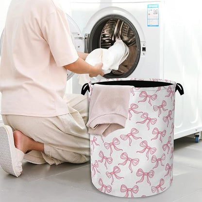 Cute Pink Bow Laundry Basket, Foldable Oxford Cloth Tote Bag Laundry Hamper