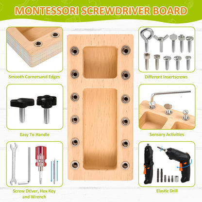Montessori Screwdriver Board Set with Electric Drill, Wooden Montessori Busy Board Toys Screw Driver Activities Tools for 3 4 5 Year Old Kids, Sensory Learning STEM Fine Motor Skills Toys for Boys