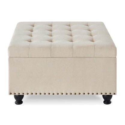 ACQCA Large Square Storage Ottoman with Wooden Legs, Upholstered Button Tufted Coffee Table with Nail Trims for for Living Space,Beige
