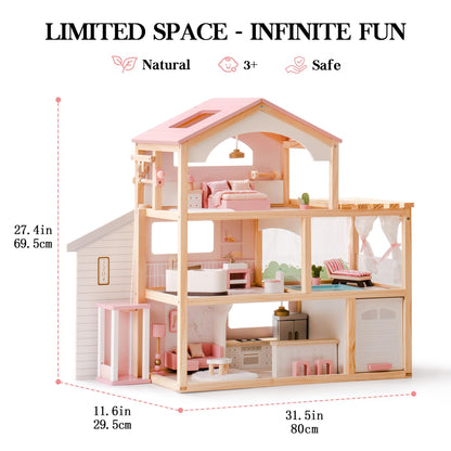 ROBOTIME Wooden Dollhouse, Doll House with 29 Pieces Furniture Set - Pool and Elevator, Wooden Doll House for 4, 5, 6-Inch Dolls, 6 Rooms Pink Dollhouse Gift for Kids Girls Ages 3+ (Pink)