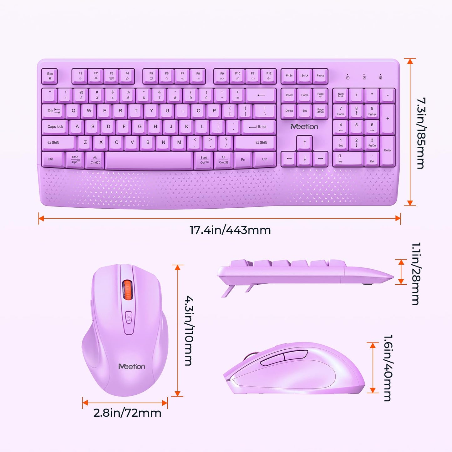 MEETION Wireless Keyboard and Mouse, Full-Sized Cordless Keyboard with Wrist Rest and 3 DPI Adjustable Mouse, 2.4G Wireless, Purple, for PC/Computer/Laptop/Windows/Mac