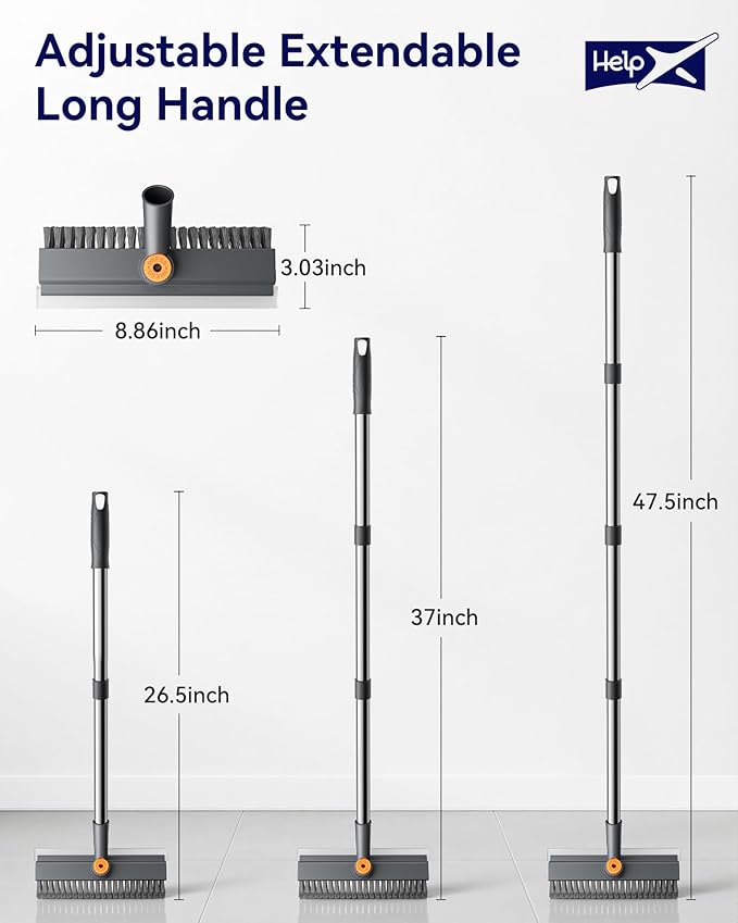 Small Floor Scrub Brush with Length Adjustable Long Handle, 3 in 1 Heavy-Duty