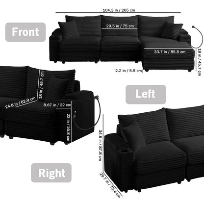 104.3" Modular Sectional Sofa, L-Shaped Couches for Living Room, Comfy Cloud Couch with Ottoman, Convertible 4 Seats Deep Seat Sofas, Black Corduroy Couch with Charger, Cup Holders & Armrest Storage