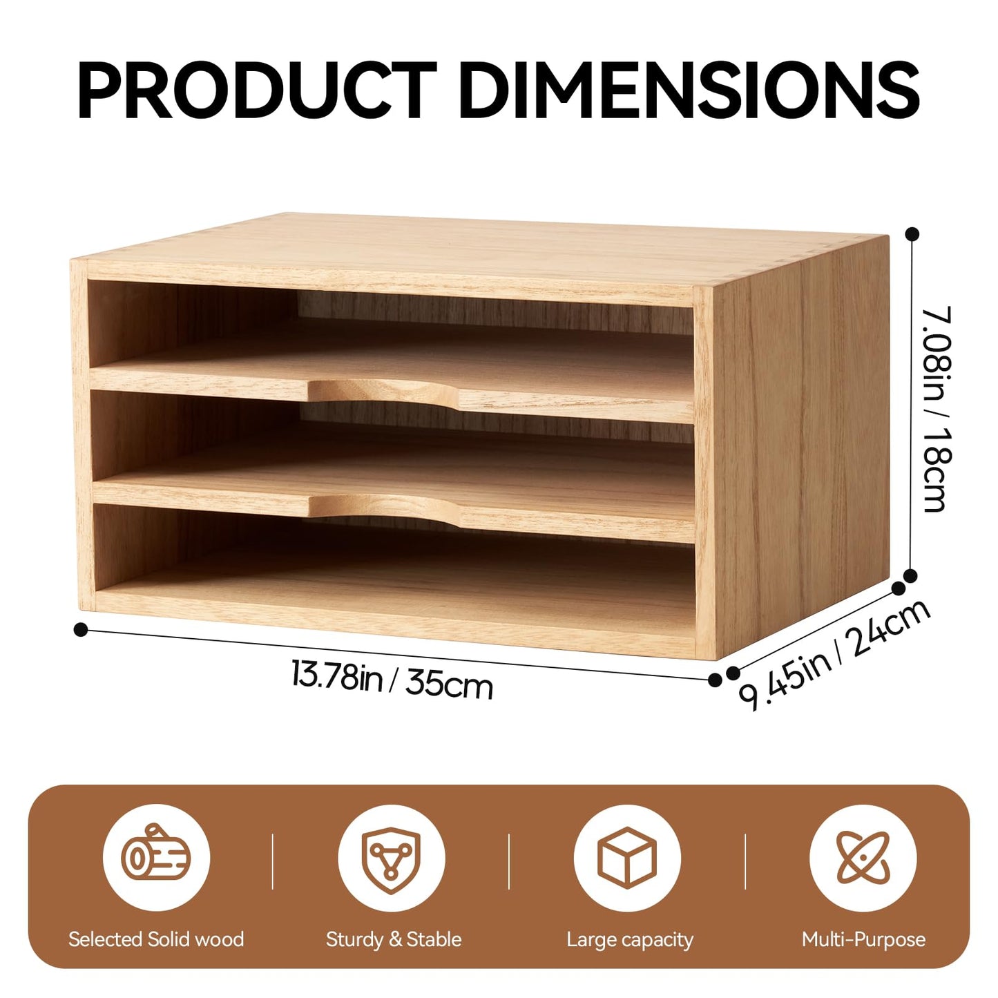 KIRIGEN Wooden Desktop Organizer, 3 Tier Solid Wood Letter Tray and Paper File Sorter for Desk, Freestanding Office Document Holder for Mail, Magazines, Folders, Natural 3KWJG-NA