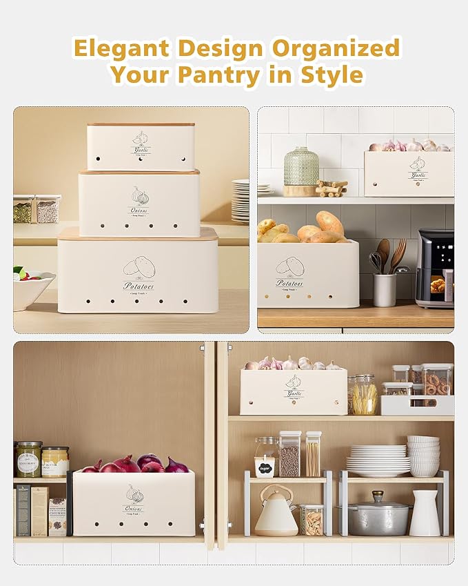 Kitchen Vegetable Storage Tins Set of 3 for Potatoes, Onion, Garlic, Vegetable Storage Containers with Ventilation and Bamboo cover, White metal material, Potato and Onion bin for Pantry