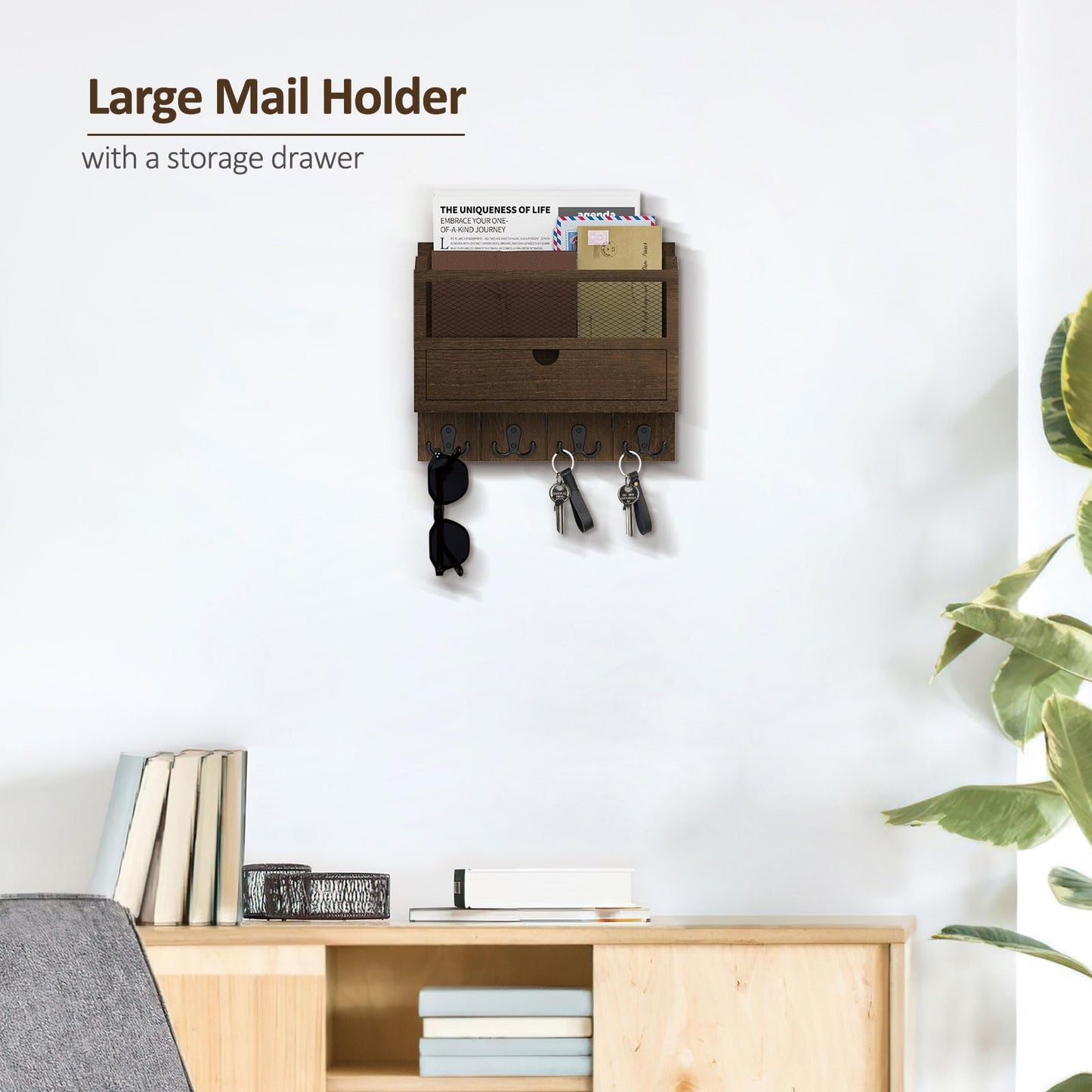 Nekon Mail Organizer with Drawer for Wall, 12"W x 10"H x 3.1"D Mail Sorter Wall Mounted, Wooden Key Holder Wall File Organizer Letter Sorter for Letter Magazines (Brown)
