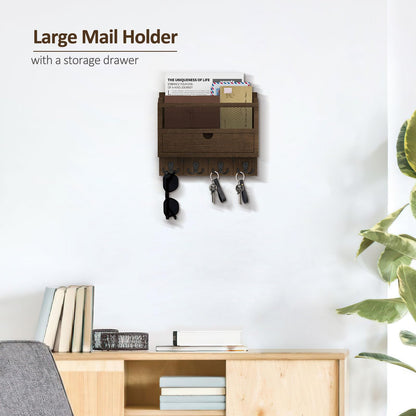 Nekon Mail Organizer with Drawer for Wall, 12"W x 10"H x 3.1"D Mail Sorter Wall Mounted, Wooden Key Holder Wall File Organizer Letter Sorter for Letter Magazines (Brown)