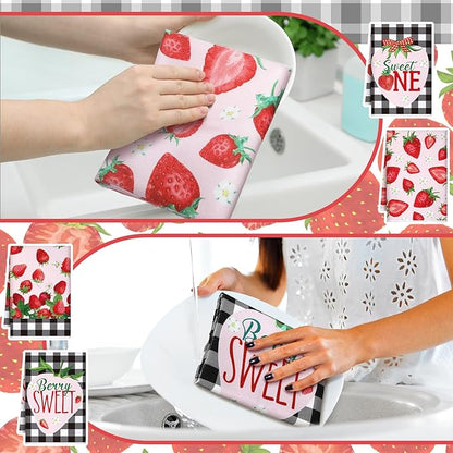 Bencailor 4 Pcs Strawberry Kitchen Towels Spring Berry Hand Dish Towels