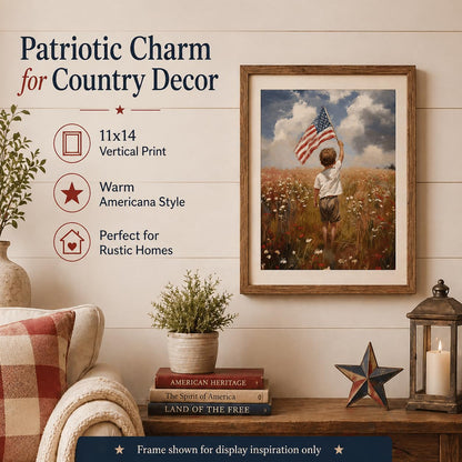 America the Beautiful Painting-11x14 Unframed Poster- Boy Holding American Flag in Meadow of Wildflowers, 4th of July Living Room or Kids Room Decor, USA Freedom Landscape, Youthful Patriotism Artwork