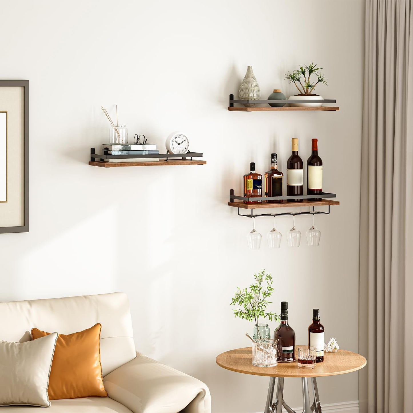 HOOBRO Wall Mounted Wine Rack 3 Pack, Wine Rack with Glass Bottle Holder, Hanging Wine Shelves with Stemware Hanger, Wine Display Storage Rack for Home Bar, Kitchen, Dining Room, Rustic Brown BF34BJ01