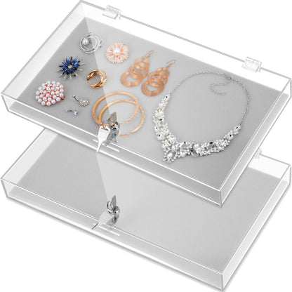 Huquary 2 Pcs Acrylic Locking Jewelry Display Case Clear Ring Earring Necklace Bracelet Security Showcase with Lock and Key for Trade Show Retail Display (Gray)