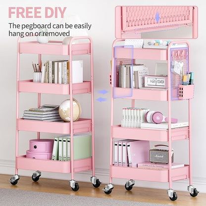 TOOLF 4 Tier Rolling Cart with Pegboard, Metal Storage Organizer Cart with Wheels, Hooks & Bins Esthetician Craft Art Sturdy Storage for Bathroom, Kitchen, Office, Nursery Diaper