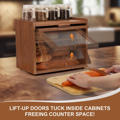 OCSERMIR Wooden Bread Box for Kitchen Countertop, 2 Tier Bread Storage Container with Acrylic Door, Adjustable Shelf, Ventilation Holes, Brown