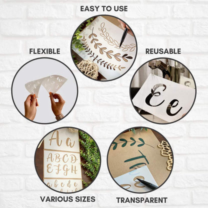 Boutique Calligraphy Stencil Template Kit | 45 Reusable Pieces | Lettering Upper, Lowercase, Large & Small | Numbers, Punctuation, Laurels and Flowers - For Arts Crafts Painting Wood (Calligraphy Kit)