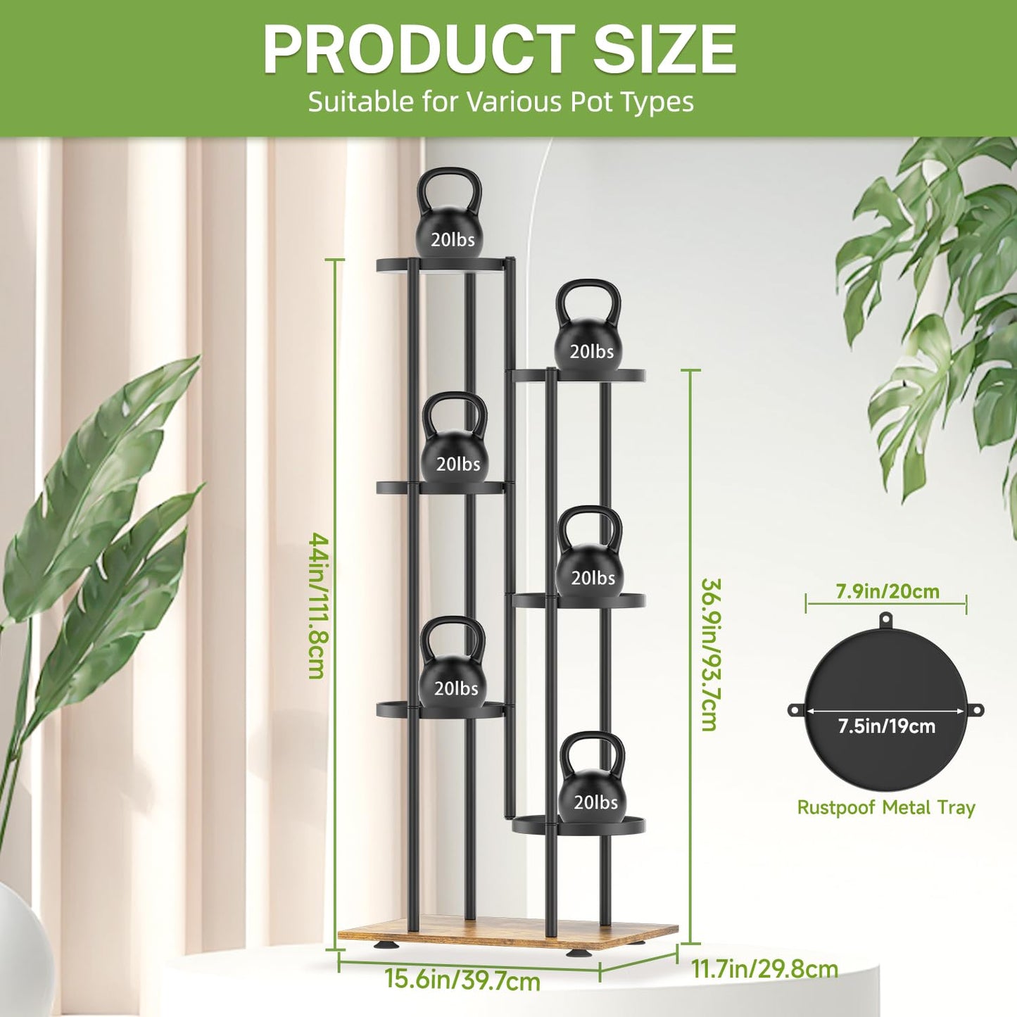iDavosic.ly 6 Tier Plant Stand Indoor Outdoor Set of 2, Metal Wood Corner Flower Pot Holder Shelf and 50 Inch Tall Orchid Display Rack for Patio Porch Living Room Balcony, Modern Black & Rustic Brown