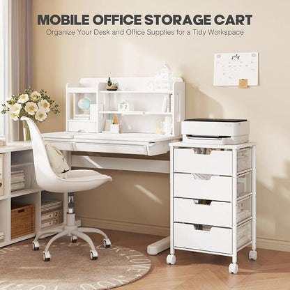 Rolling Cart with Drawers, Wooden Top and Front, with Wheels Metal Under Desk Storage Cart with 4 Drawers, for Office, Bedroom, Classroom, Home, White