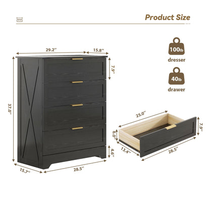 FTZxHKLX Modern 4 Drawer Dresser for Bedroom, Tall Bedroom Dresser with Large Drawer & Rose Gold Handles, Wooden Storage Organizer Cabinet Chest of Drawer for Closet, Living Room, Hallway, Black