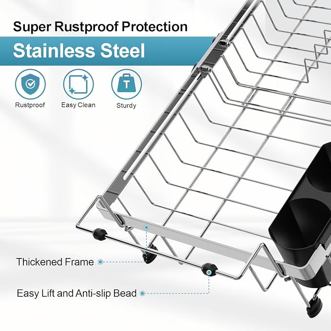 GSlife Over Sink Dish Drying Rack - Large Expandable Stainless Steel in Sink Dish Drainer with Square Corners, Rust Resistant with Lock Knob, Heavy Duty Fit for Modern Single & Double Sinks, Silver