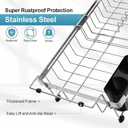 GSlife Over Sink Dish Drying Rack - Large Expandable Stainless Steel in Sink Dish Drainer with Square Corners, Rust Resistant with Lock Knob, Heavy Duty Fit for Modern Single & Double Sinks, Silver