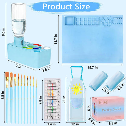 Elisel Painting Station,5 IN 1 Art Paint Supplies Kits,Paint Brush Cleaner (Upgraded),Silicone Painting Mat 12 Colors Paint Set,10 Paint Brushes,Painting Apron for Kids Artist Beginners (Blue, 5)