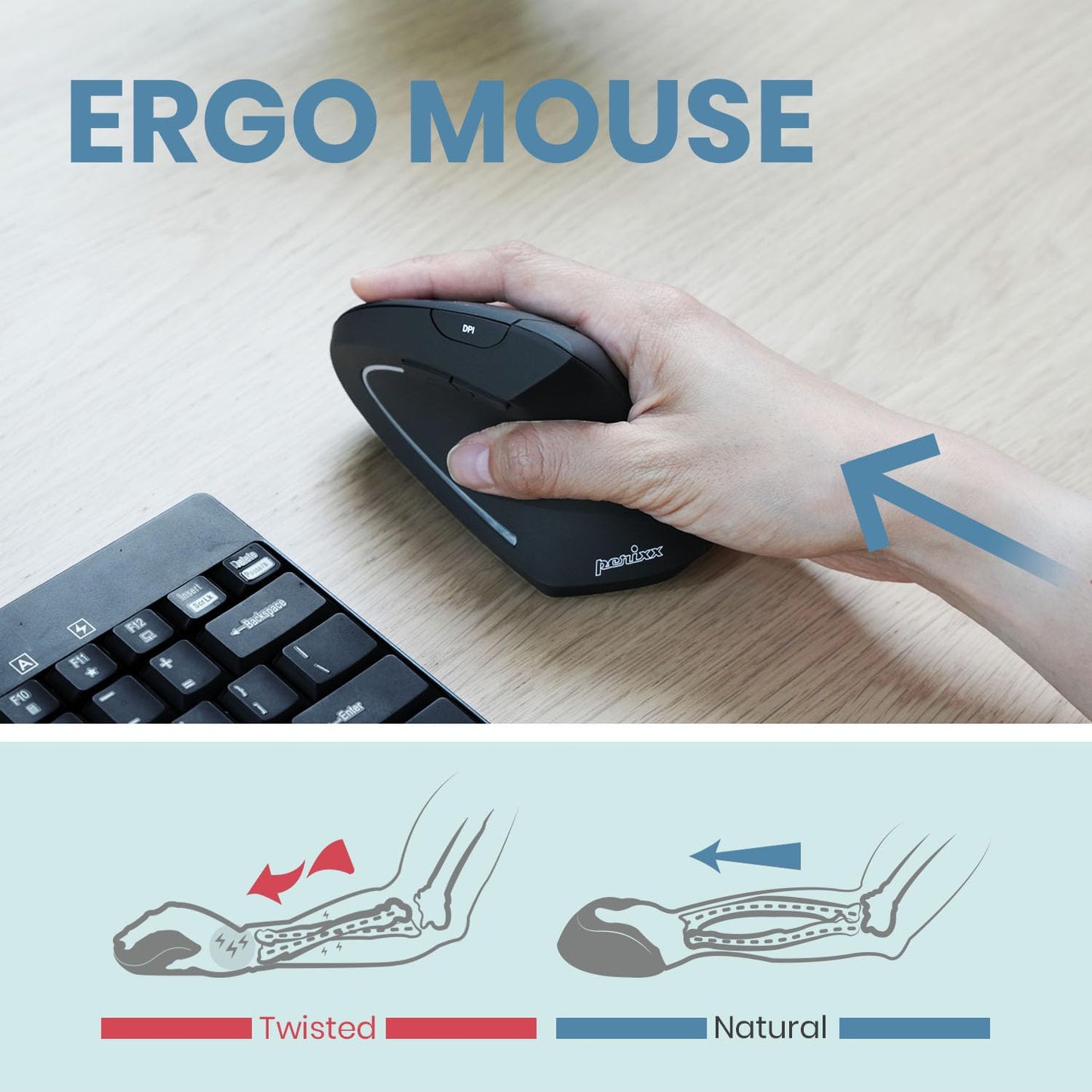 Perixx PERIMICE-713 Wireless Ergonomic Vertical Mouse - 800/1200/1600 DPI - Right Handed - Recommended with RSI User