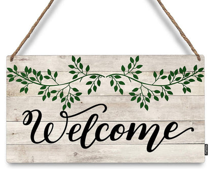 Mdulftar Eucalyptus Leaves Wooden Welcome Sign for Front Door, 6x12 Inch Rustic Farmhouse Hanging Door Sign, Porch Wall Decor Rustic Home Art, Housewarming Gift for New Home
