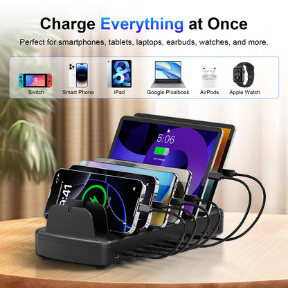 510W Fast Charging Station for Multiple Devices, 10 Port USB C Charger Station with Flame-Retardant Material & 8 Cables for iPhone, Android, iPad, Tablets, Family Office Desk Charging Dock Organizer
