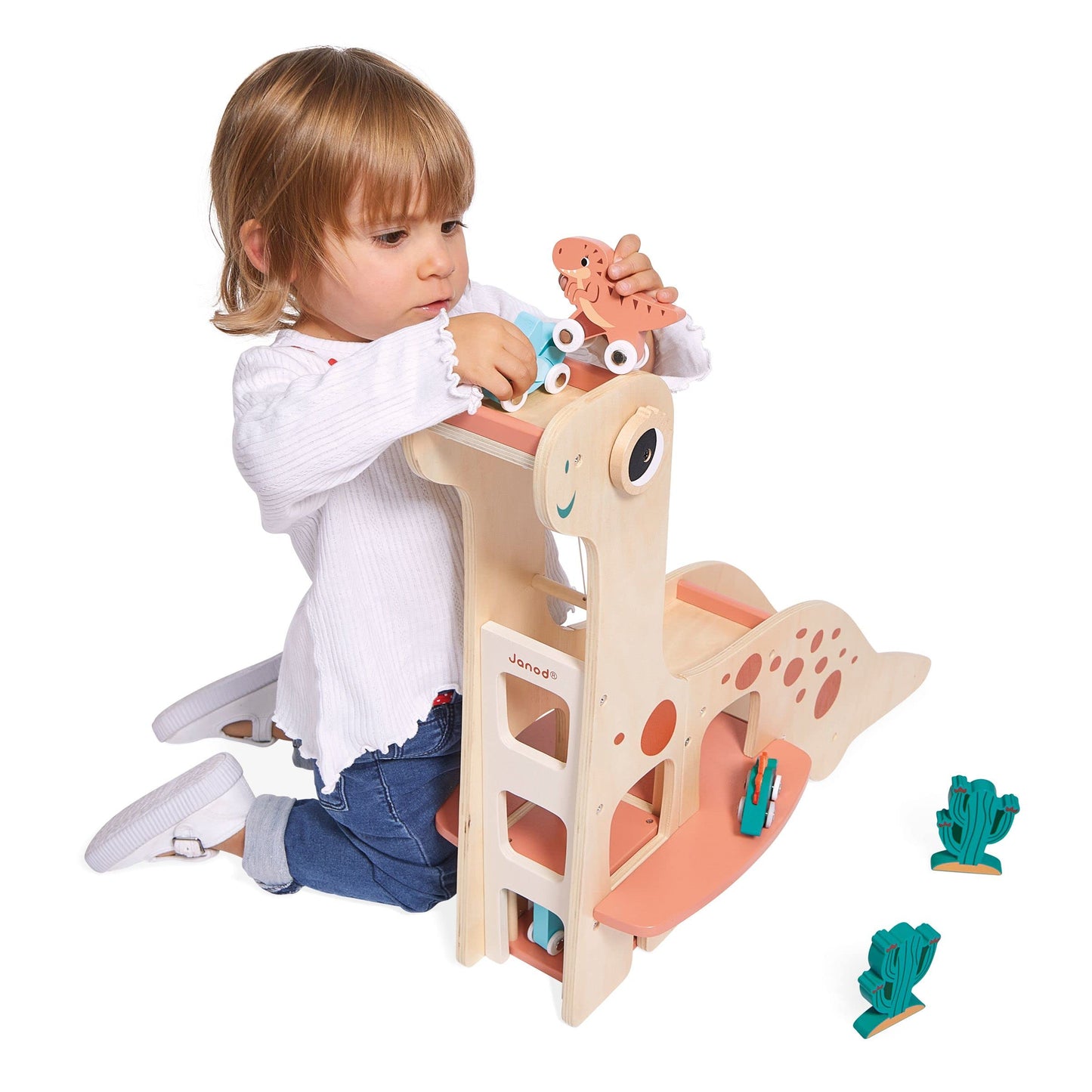 Janod - Dino Wooden Dinosaur Garage - Imaginative Play - Encourages Creativity and Storytelling - Enhances Motor Skills Design, Safe for Kids - Ages 2-6 Years - J05835