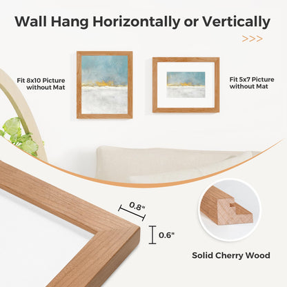 8x10 Picture Frame, Solid Wood Cherry Wood Photo Frame 8 x 10 with Tempered Real Glass, 8x10 Frame Matted to 5x7, Rustic Wooden Frame 8 by 10 for Wall & Tabletop Display (Natural Cherry Color, 3 Pack)