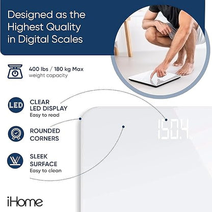 iHome Digital Scale, Bathroom Scale, Batteries Included, Scale Body Weight, Weight Scale, Digital Scale, Bathroom Scales for Weight, Digital Scales for Body Weight (White)