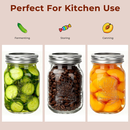 CycleMore 9 Pack 16 oz Mason Jars with Airtight Lids - Embossed Pint Glass Canning Jars for Pickling, Food Storage, Wedding Favors & DIY Crafts - Regular Mouth Design with Labels & Jute String