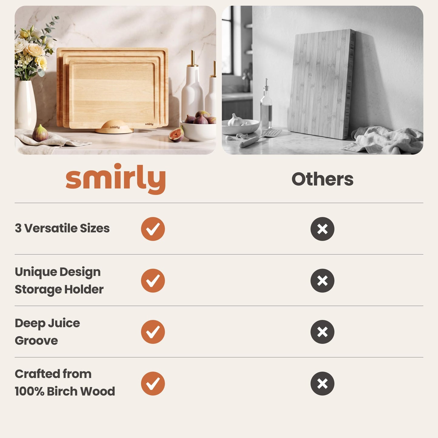 SMIRLY Wooden Cutting Board for Kitchen - Birch Wood Cutting Boards for Meal Prep, Serving, Charcuterie - Kitchen Gadgets, House Warming Gifts - Wood Chopping Board Set of 3 with Holder