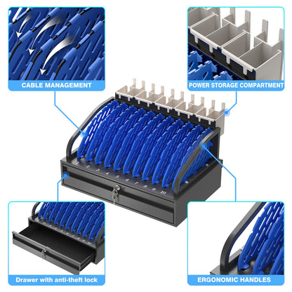 10-Device Open Charging Station for Chromebooks & Tablets - Heavy-Duty Steel Rack with Lockable Storage Drawer, Multi-Device Charging Organizer for School, Office, Hospital