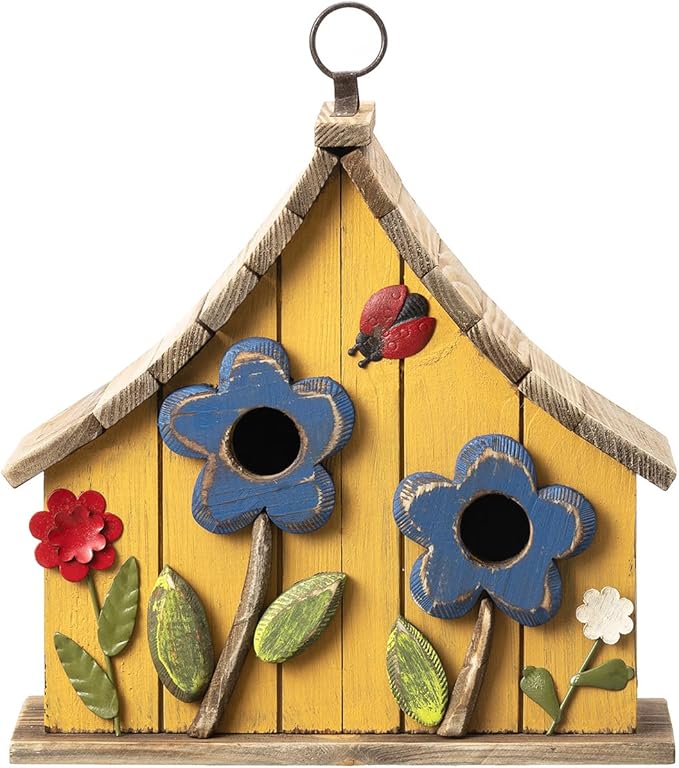 Glitzhome Bird Houses for Outside, 10.75" L Distressed Solid Wood Hanging Birdhouse with 3D Flowers Rustic Two-Story Townhouse Hand-Painted Garden Bird Houses for Outdoors,Washed Yellow