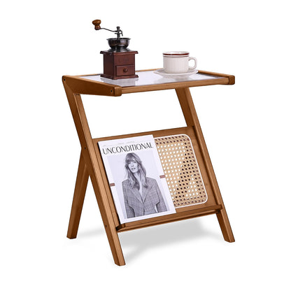 Tiita Rattan Nightstand Side Table, Bamboo Accent Bedside Tables, Glass Coffee Tables, Boho Wooden End Table with Storage for Small Space, Living Room and Bedroom