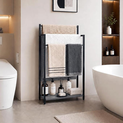 Freestanding Towel Rack, 3 Tier Blanket Ladder Stand with Oak Grey Wooden Shelf for Bathroom Living Room (31.5" H x 16.9" W x7.9 D)