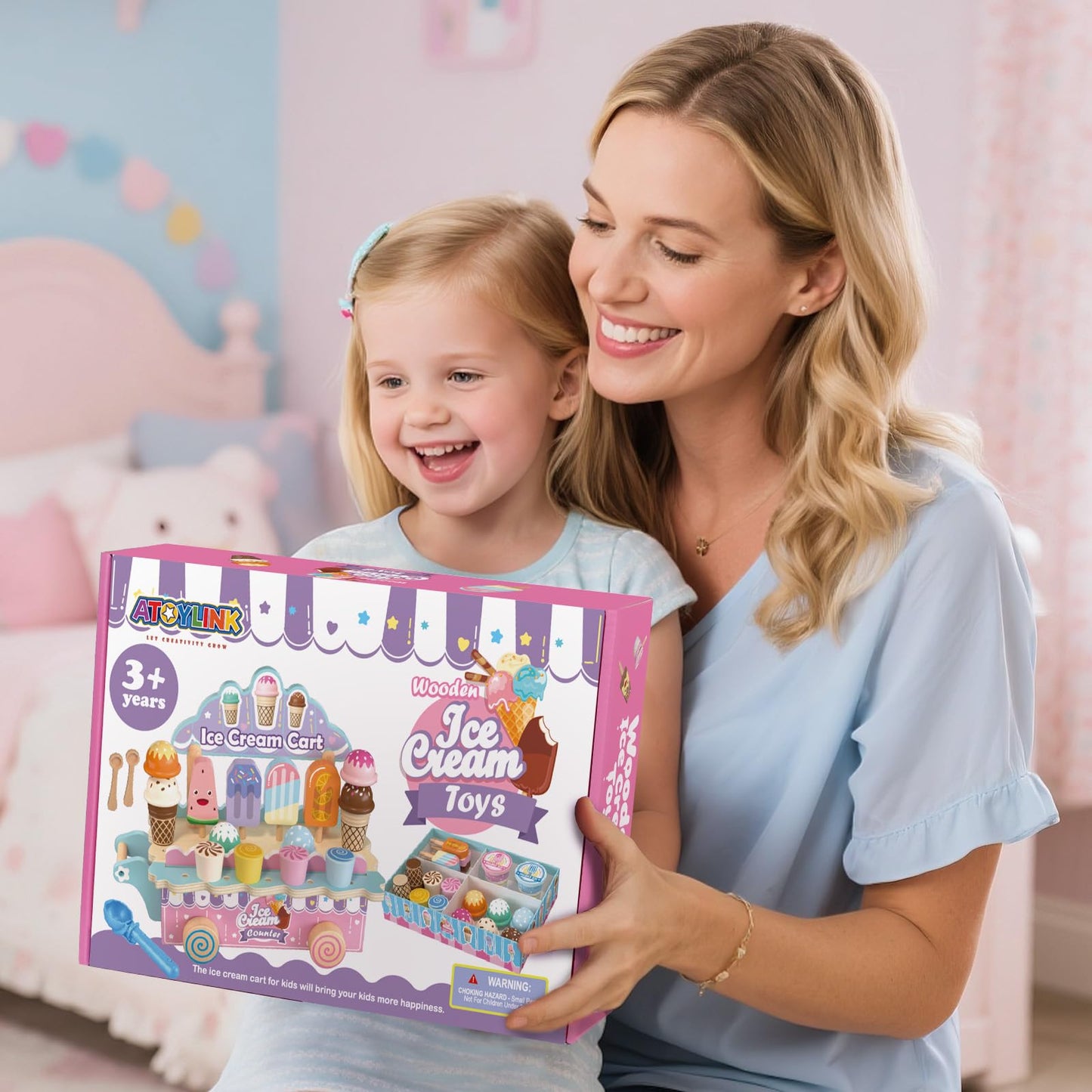 Atoylink Wooden Ice Cream Toys for Kids Pretend Play Food Toys with Scoop & Menu & Fake Money, Ice Cream Cart Play Store Toys for Toddlers Girls 3 4 5 6 Year Old Gift