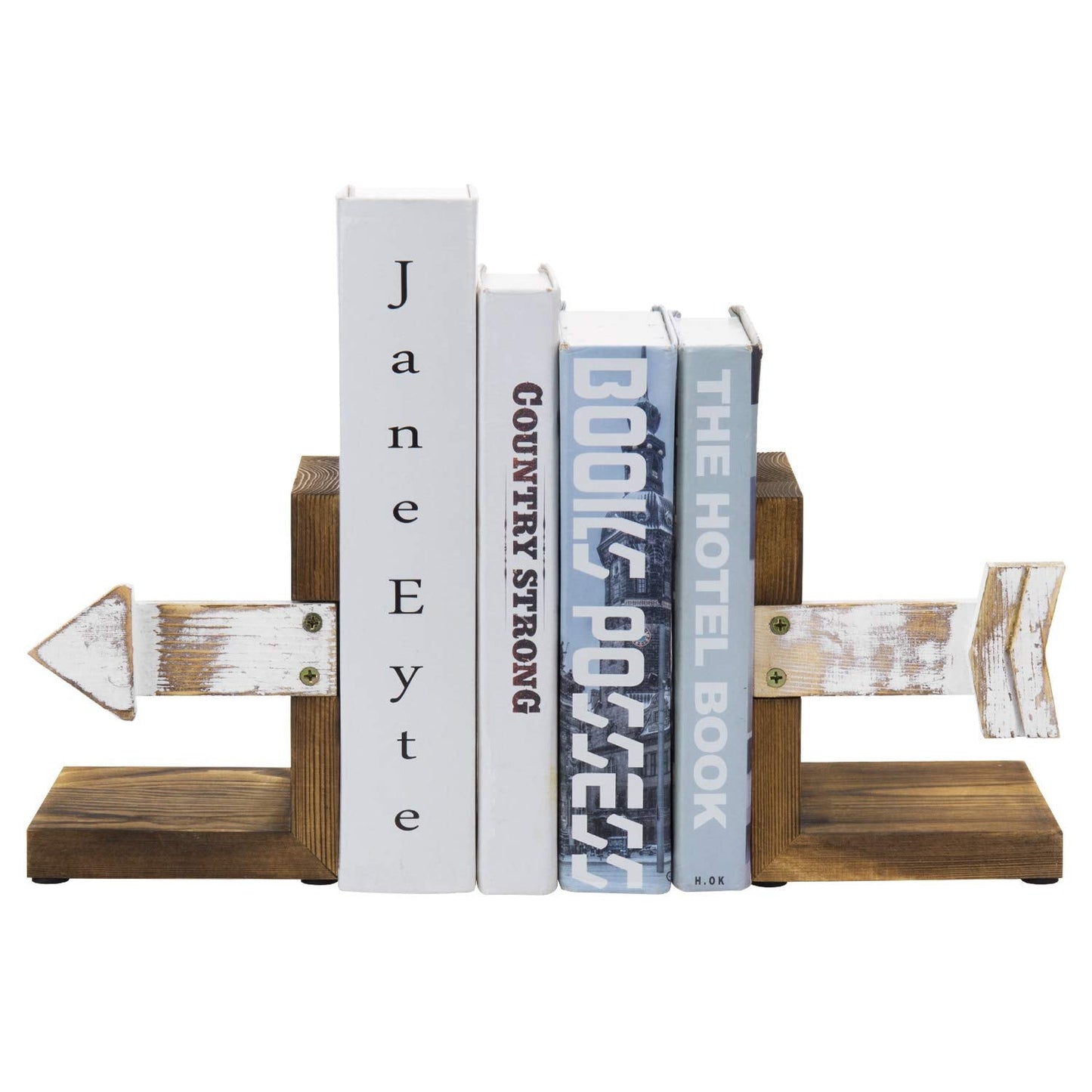 MyGift Farmhouse Bookends, Rustic Book Ends Kitchen, Tabletop Boho Bookend Support Stands, Whitewashed Arrow Design and Burnt Dark Brown Wood