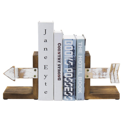 MyGift Farmhouse Bookends, Rustic Book Ends Kitchen, Tabletop Boho Bookend Support Stands, Whitewashed Arrow Design and Burnt Dark Brown Wood