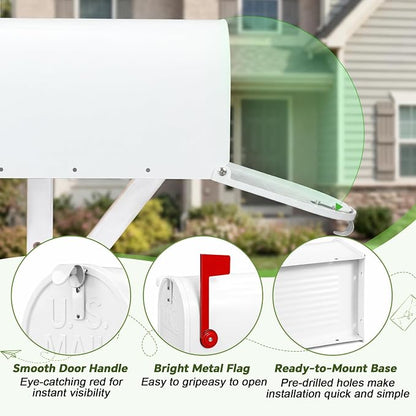 Fumete White Mailboxes for Outside, Metal Mail Box for House Outside, Galvanized Steel Post Mount Rural Mailbox, Standard Size, 20 x 8.7 x 6.7 Inches