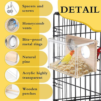Parakeet Nesting Box for Cage, High-Transparent PET Parakeet Nest, Versatile Bird Houses for Canary, Lovebird and Parrot, Bird Boxes for Nesting with Wood Perch, Bird Cage Accessories (M, Rectangle)