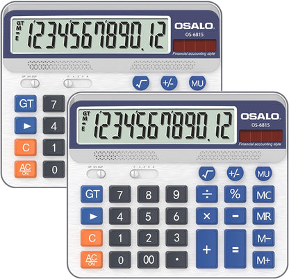 Desktop Calculator Extra Large 5-Inch LCD Display 12-Digit Big Number Accounting Calculator with Giant Response Button, Battery & Solar Powered, Perfect for Office Business Home Daily Use(6815-2pcs)
