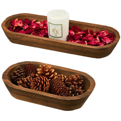 Wooden Dough Bowl Set of 2, Dough Bowls for Decor, Handmade Rustic Centerpiece for Farmhouse Table Decor, Natural Wood Display Tray for Coffee Table(10 x 6 x 2 Inch, 16 x 6 x 2 Inch,Brown)