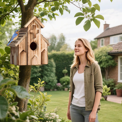 NATUREYLWL Church-Shaped Wooden Birdhouses, Cross Design Bird Houses for Outside, Hanging Birdhouse for Bluebird, Robin, Cardinal, Sparrow, and Finch, Bird Nesting Box for Outdoor Garden Decoration