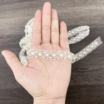 BETITETO 3Yards Pearl Beaded Trim Lace Ribbon Trimming Edge Embellishments for Sewing Bridal Dress Party Clothes Wedding Decoration Fabric Crafts DIY (Ivory Ribbon)