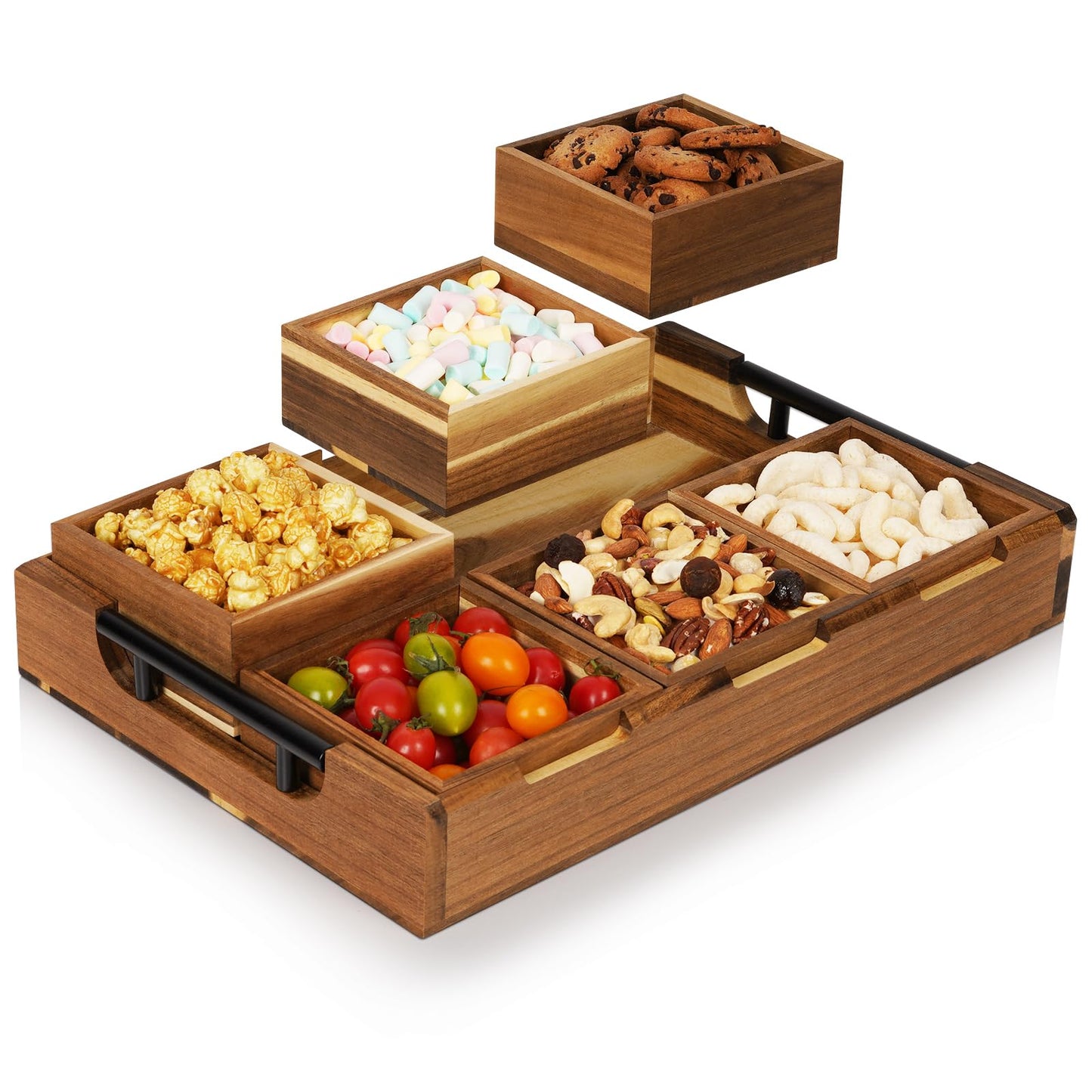 Exttlliy Acacia Wooden Modular Serving Tray with Handle, Set of 6 Rectangular Trays for Charcuterie, Fruit, Snacks, Appetizers & Desserts, Serving Platter for Parties, Home Decor & Coffee Table