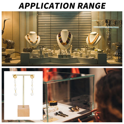 FINGERINSPIRE 3 Pcs Gold Metal T Bar Earring Display Stand 6.3/5.5/4.5 Inch Height Jewelry Stand with Wooden Square Base Earring Hanging Holders Jewelry Organizer for Store Retail Photography Props