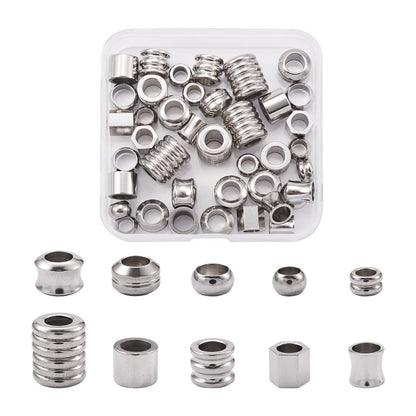 Fashewelry 50pcs Column Rondelle European Beads Large Hole Stainless Steel Loose Beads Assorted Tube Drum Spacer Finding Beads for Macrame Braided Necklace Choker Bracelet Earring Making