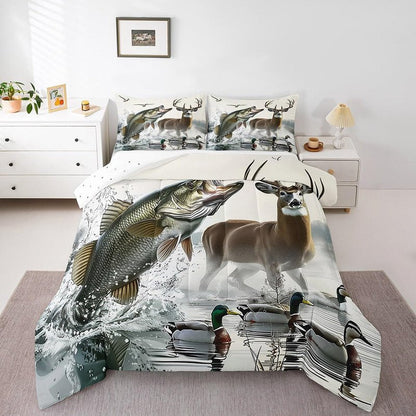 Feelyou Boys Girls Deer Pike Fish Duvet Insert Twin Size, Bass Big Fish Comforter Set Fishing and Hunting Bedding Set Kids Teens Bedroom Decor Bed Set 2Pcs
